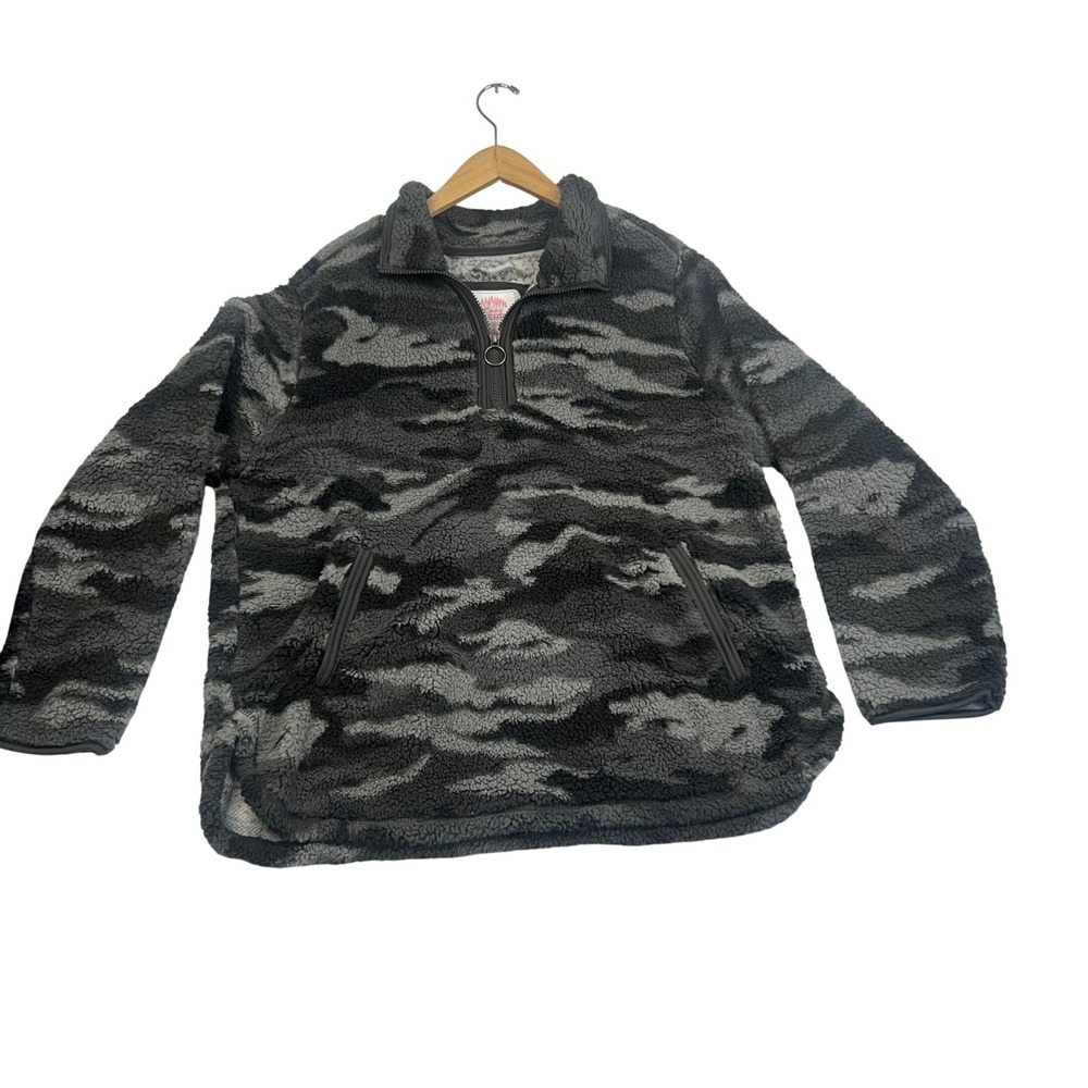Cozy Sherpa Camo Quarter Zip Pullover Faux Fur Fleece Jacket XXL Gray Black